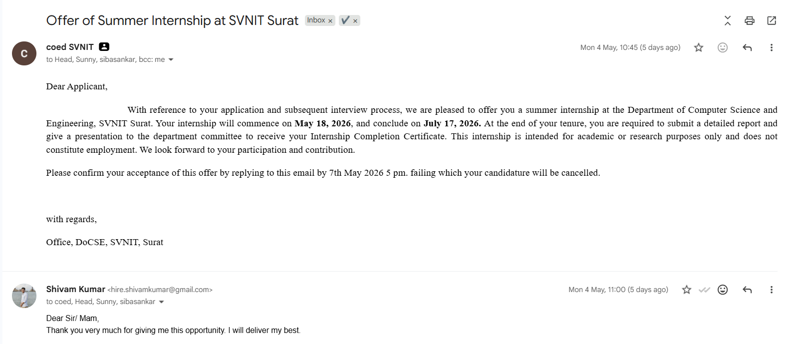 NIT Surat Summer Internship